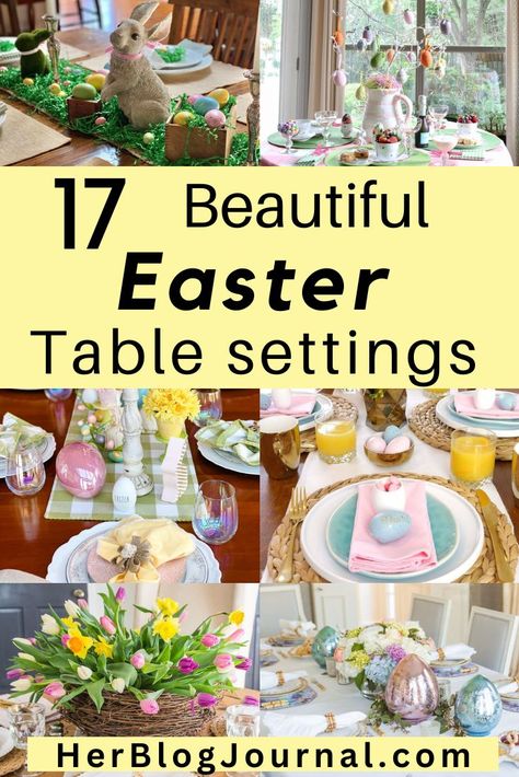 Easter centerpieces ideas with Easter eggs, colorful flowers, bunnies and Easter tree for this year's Easter table decoration ideas. Easter Lunch Table Decorations, Easter Dinner Table Setting Simple, Easy Easter Tablescapes, Easy Easter Table Settings, Easter Breakfast Table Decor, Easter Plate Setting, Diy Easter Table Decor, Easter Brunch Buffet Table Decorating Ideas, Easter Dinner Table Setting Centerpieces