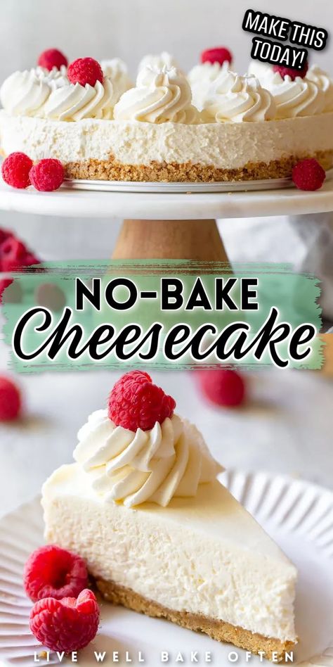 Are you looking for the perfect summer dessert? This no-bake cheesecake from Live Well Bake Often features a homemade graham cracker crust with a creamy and fluffy cheesecake filling. This recipe is simple to make and perfect for any occasion! Classic No Bake Cheesecake, No Bake Cheesecake Without Heavy Cream, No Bake Ricotta Cheesecake, Cheesecake Recipes No Bake, Best No Bake Cheesecake, Fluffy Cheesecake, Individual Cheesecakes, Homemade Graham Cracker Crust, Cheesecake Recipes Classic