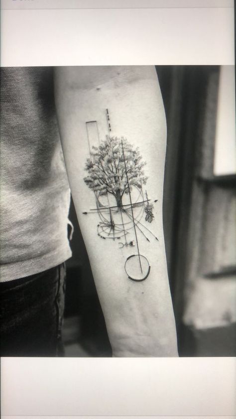 Realistic Tree Tattoo, Tree Line Tattoo, Bonsai Tattoo, Geometric Tattoo Tree, Tech Tattoo, Circle Tattoos, Landscape Tattoo, Geometry Tattoo, Geometric Tattoos