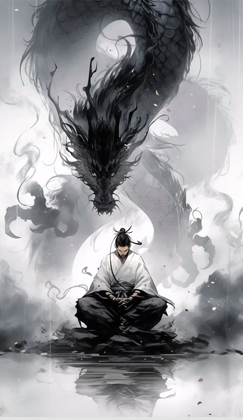 Dragon And Samurai, Samurai Dragon, Zen Mode, Japanese Art Samurai, Samurai Wallpaper, Dark Fantasy Artwork, Samurai Artwork, Japanese Art Prints, Japon Illustration