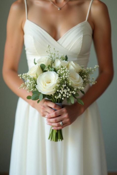 bridesmaid bouquet white green Simple Diy Bridal Bouquet, Wedding Bouquet White Green, Wedding Flowers Bouquet Simple, Wedding Bouquet Lily Of The Valley, Small White Wedding Bouquets, Baby Breath Bridesmaid Bouquet, Green And White Wedding Florals, White And Green Bouquet Wedding, Simple Bride Bouquet