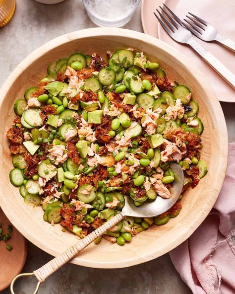 Crispy Rice Salmon Cucumber Salad with Creamy Soy Dressing Crispy Rice Salmon, Rice Salmon, Salmon Cucumber, Soy Dressing, Asian Dressing, Crunchy Salad, Crispy Rice, Salmon Avocado, Sugar Free Vegan