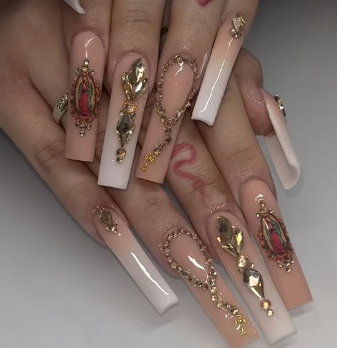 Acrylic Nail Designs Classy, Mexican Nails, Rose Gold Nail Art, Quinceanera Nails, Gold Acrylic Nails, Cow Nails, Grunge Nails, Nails Design With Rhinestones, White Acrylic Nails