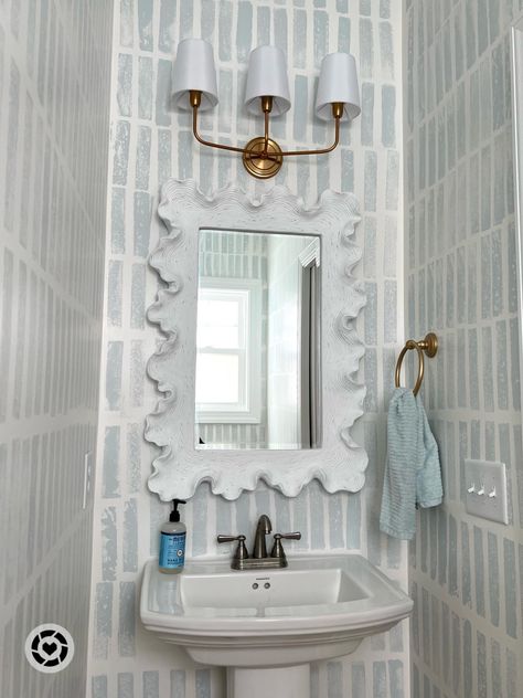 Ballard design mirror, blue & white Coastal Powder Bathroom, Powder Bathroom, Design Mirror, Coastal Bathrooms, Powder Bath, Rectangular Mirror, Ballard Designs, Blue White, Blue And White