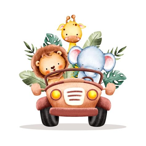 Acuarela baby safari animales en jeep | Premium Vector #Freepik #vector #safari-acuarela #animales-safari #safari #animales-selva Safari Birthday Party Backdrop, Jungle Safari Birthday Party, Baby Safari Animals, Safari Jeep, Safari Invitations, Safari Animals Birthday, Jungle Safari Birthday, Safari Cakes, Birthday Party Backdrop