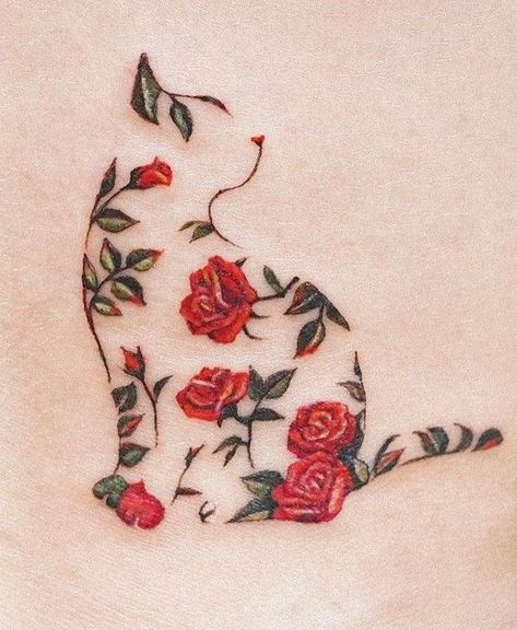 Cat Tattoo Tortoiseshell, Art Nouveau Dog Tattoo, Cherry Blossom Cat Tattoo, Red Cat Tattoo, Cat With Flowers Tattoo, Kali Tattoos, Simple Cat Tattoo, Tattoo Gato, Line Art Simple