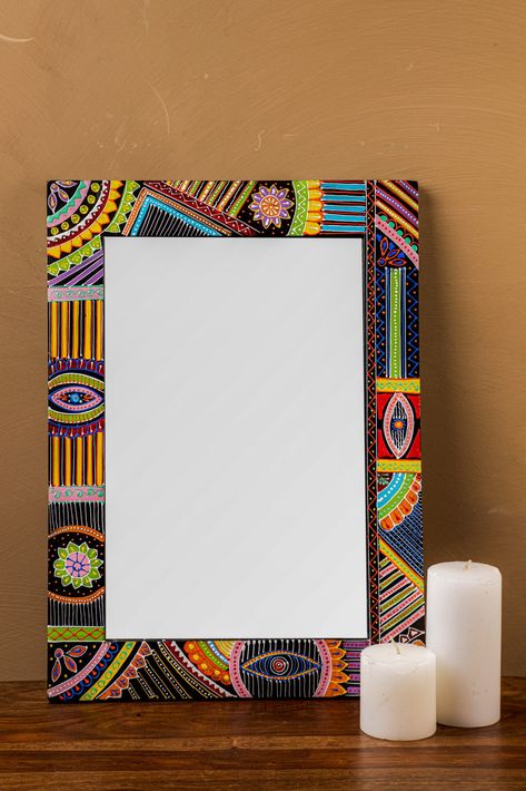 Wooden Frame Decoration Ideas, Hand Painted Mirror, Hand Painted Mirrors, Painted Mirror, Yellow Mugs, Red Mug, Boho Deco, Vintage Mirrors, Mirror Painting