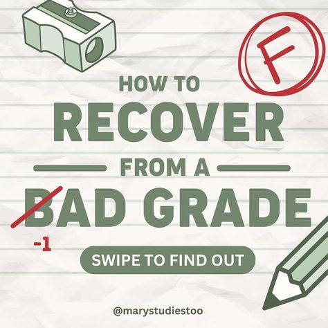 ˗ˏˋ ɱαɾყ ´ˎ˗ on Instagram: "🙌🏽From setback to comeback: Embracing the challenge, conquering the grade 💪🏽 . 😖Receiving a bad grade can be disappointing and discouraging, but it doesn't define your abilities or your future success. • 😌Here are some practical tips to help you recover from a bad grade and improve your academic performance! . . 🙋🏽‍♀️QOTD: What do you do to cope with a bad grade? Lmk in the comments! . . 👀Looking for something specific on my page? Send me a DM! . 📌Save this post for later! . . [🏷️] #study #college #studygram #studytips" Grades Doesn't Define You, Academic Comeback, Study College, Bad Grades, The Challenge, Study Tips, A Bad, How To Find Out, Collage