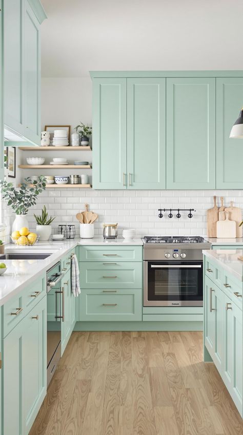 Kitchen Cabinet Color Ideas Robins Egg Kitchen, Mint Green House Interior Design, Kitchen Ideas Mint Green, Seafoam Kitchen Cabinets, Mint Cabinets Kitchen, Light Teal Kitchen Cabinets, Mint Green Cabinets Kitchen, Mint Color Kitchen, Mint Kitchen Cabinets