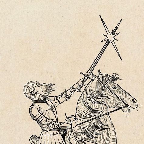 Knight Drawing Aesthetic, Knight Horse Tattoo, Medieval Knight Drawing, Female Knight Tattoo, Medieval Knight Art, Knight Core, Medieval Drawing, Woman Knight, Santa Joana D'arc