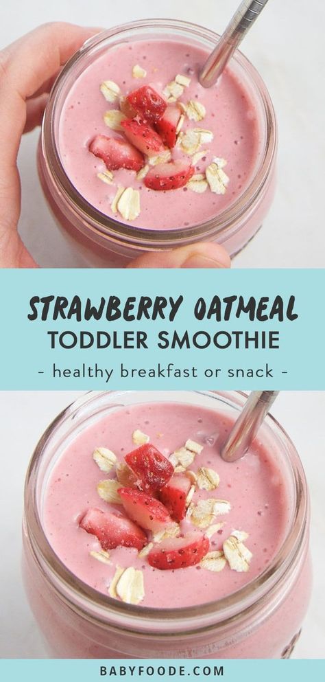 This super easy Strawberry Oatmeal Smoothie is the perfect healthy breakfast for kids and toddlers. Made with strawberries, bananas, oats and chia seeds, this smoothie recipe is packed with a ton of fiber, omega-3 fatty acids, potassium and antioxidants. It's got perfect staying power to fill you up all morning (or afternoon) long. Great for kids, toddlers, parents, and just about anyone else as a delicious and healthy breakfast, snack, or meal replacement. #smoothie #kidfriendly #toddlers Protein Smoothie For Toddler, Fiber Packed Smoothies, Fatty Foods For Toddlers, Fiber Breakfast Ideas For Kids, Fiber Smoothies For Kids, Fiber Meals For Kids, Fiber Snacks For Kids, Morning Snacks For Kids, Breakfast For Picky Toddlers