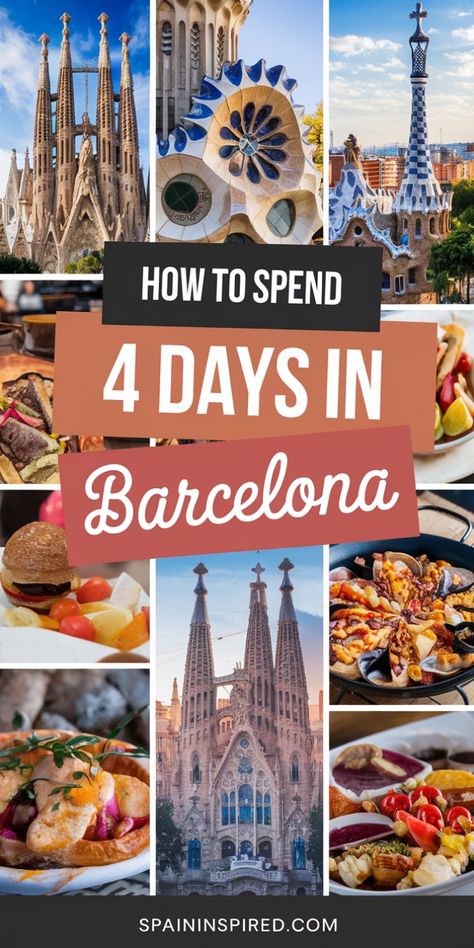 Guide for spending four days in Barcelona with images of the Sagrada Familia and local cuisine. Spain Tourist Attractions, What To Do In Barcelona Spain, What To Do In Barcelona, Travel In Spain, Barcelona Vacation, Solo Trips, Barcelona Itinerary, To Do In Barcelona, Gaudi Architecture