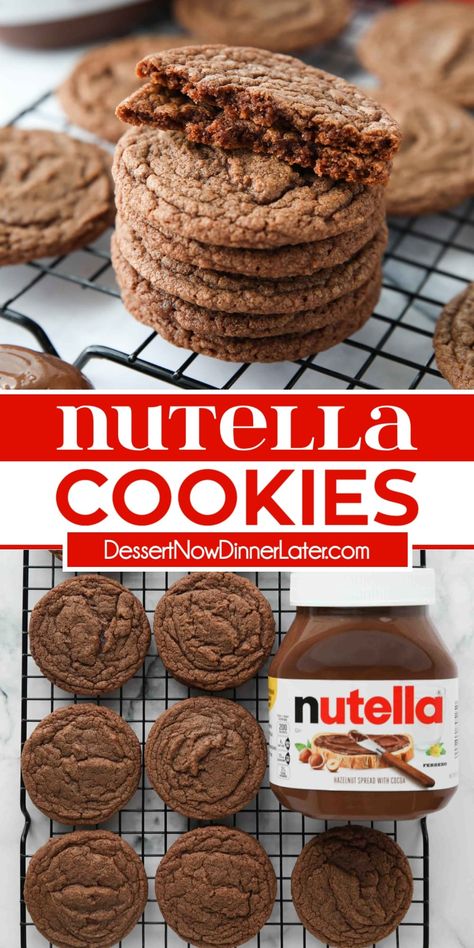 This Nutella Cookies recipe creates moist, brownie-like cookies with a crisp exterior and soft, fudgy interior. Made with plenty of Nutella for that decadent chocolate and hazelnut and flavor. Vegan Nutella Cookies, Nutella Baked Goods, Desserts With Nutella Easy, Dessert Recipes Without Vanilla Extract, Quick Nutella Dessert, Earl Grey Dessert Recipes, Cookie Recipes Nutella, Nutella Desserts Easy Quick, Nutella Recipes Cookies