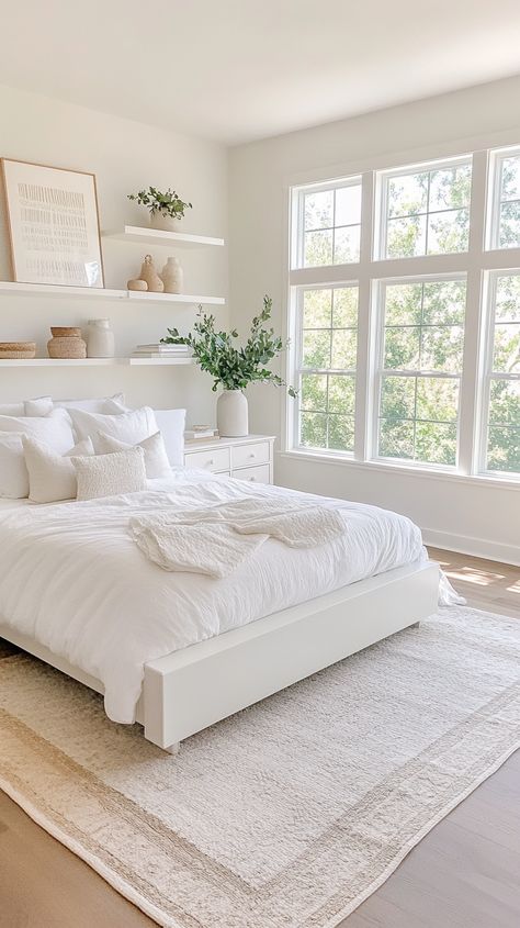 Discover how an all-white color palette can transform your bedroom into a serene, minimalist retreat. #AllWhite #MinimalistDesign #ModernBedroom #Serenity #CleanLiving 🕊️ Feature Walls, Modern Minimalism, Interior Inspo, Feature Wall, Intricate Patterns, Modern Bedroom, Bedroom Wall, White Color, Focal Point