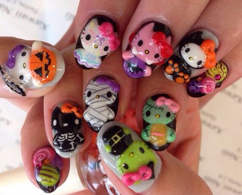 Hello kitty 3D nails by Mika for @kawaii_nails_tustin_ca Halloween Nails 3d, Alt Nails, Corset Nails, Hello Kitty 3d, Hello Kitty Nails Art, Kawaii Nail Art, Spooky Nails, October Nails, Hello Kitty Nails