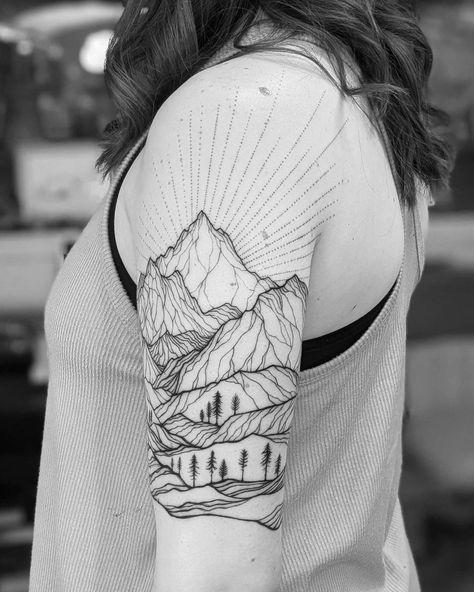 Mountain Tattoo Women, Shoulder Mountain Tattoo, Mountain Tattoo Upper Arm, Mountain Tattoo Sleeve Women, Mountain Shoulder Tattoo, Feminine Mountain Sleeve Tattoo, Hike Tattoo, Mountain Range Tattoo Sleeve, Line Work Mountain Tattoo