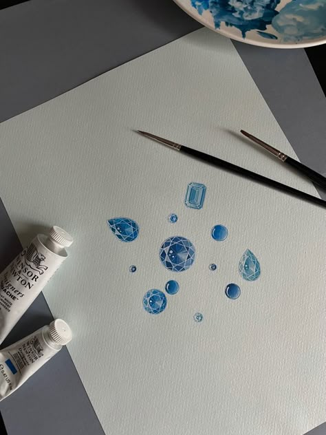 Gem Rendering, How To Draw Gemstones, Jewelry Gouache, Painting Gems, Gemstone Rendering, Jewelry Watercolor, Diamond Sketch, Watercolor Gem, Gemstone Artwork