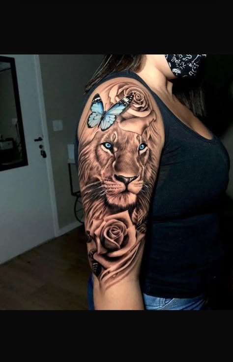 Tatoos Woman Chest, Lion Arm Tattoo, Tatoos Woman, Lion Shoulder Tattoo, Cute Thigh Tattoos, Arm Sleeve Tattoos For Women, Animal Sleeve Tattoo, Lioness Tattoo, Tattoo Lion