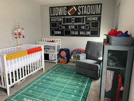 Locker Room Nursery, Locker Bookshelf, Football Theme Nursery, Football Nursery, Football Scoreboard, Nursery Projects, Sports Themed Bedroom, Sports Nursery Theme, Boy Room Themes