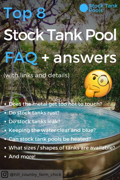 Get answers to your top 8 questions about stock tank pools, including whether (and how) to paint them, the available sizes and shapes of tanks, how to install a heater, and how to keep your water CLEAR and BLUE. Pools Out Of Stock Tanks, Pool Made Out Of Stock Tank, Stock Tank Pool Backyard Oasis, Water Trough Pool Stock Tank, Stock Pool Hot Tub, Patio With Stock Tank Pool, In Ground Stock Tank Pool Ideas, Tank Pools Ideas, Outdoor Stock Tank Pool