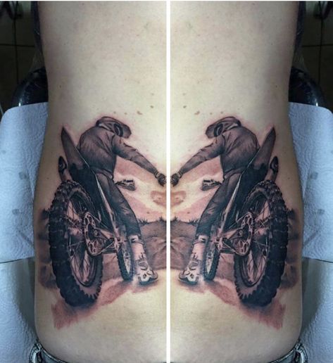 Biker Couple Tattoo Ideas, Father Daughter Tattoos Motorcycle, Motorcycle Couple Tattoo Ideas, Matching Motorcycle Tattoos, Motorcycle Themed Tattoos, Dirtbike Tattoo, Andrew Tattoo, Rider Tattoo, Friends Tattoos