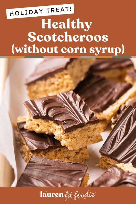 These Healthy Scotcheroos are one of my favorite desserts! They're full of all creamy peanut butter, butterscotch and chocolate flavors you love about the classic treat but made without corn syrup. Even better, they have a little bit of extra protein added for the ultimate healthy dessert! Healthy Scotcheroos, Lauren Fit Foodie, Scotcheroos Recipe, Peanut Butter Oatmeal Bars, Winter Snack, Extra Protein, Sugar Free Maple Syrup, Bake Recipes, Fit Foodie