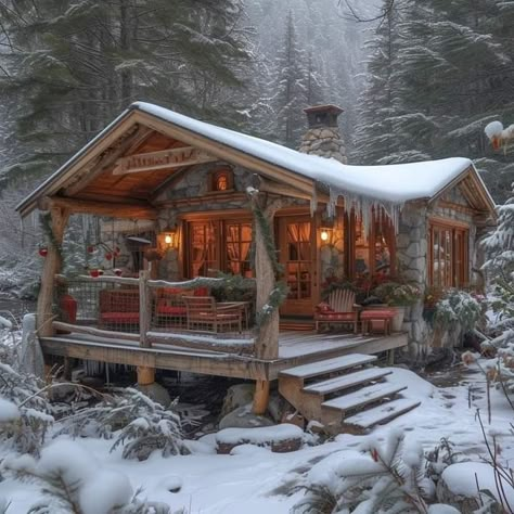 Old Log Cabin Homes, Winter Cabin Exterior, Snow Cabin Aesthetic, Log Cabin Aesthetic, Rustic Tiny House Cabin, Candlestick Aesthetic, Cottage In Snow, Snowy Log Cabin, Small Hunting Cabin