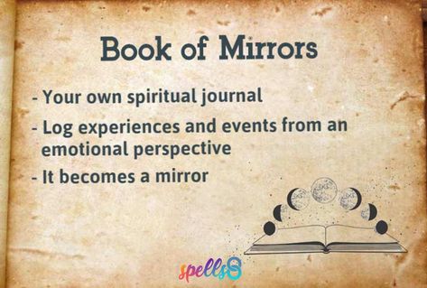 A Book of Mirrors is akin to a personal journal. But instead of writing down your day to day thoughts and feelings, it is where you write down your feelings about your spiritual path. 📓 🧙 It's not necessary that you identify as a Wiccan, Pagan, Witch or any other name to have a Book... Book Of Mirrors Inspiration, Book Of Mirrors Ideas, Wiccan Artwork, Book Of Mirrors Witchcraft, Book Of Mirrors, Witchcraft Ideas, Witch Music, Beginner Witches, Tarot Card Artwork