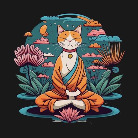 Check out this awesome 'Yoga Cat Serenity%3A Meditating Buddha Kitten in Tranquil Natu...' design on @TeePublic! Buddha Illustration, Meditating Cat Tattoo, Yoga Cat, Meditating Animals Illustration, Budha Art, Cat Buddha, Cat Doing Yoga Drawing, Animals Doing Yoga Illustration, Meditating Buddha Painting