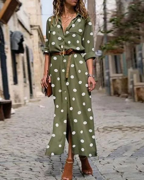 cd0dce8fca267bf1fb86cf43e18d5598desc51530694ri Air Style, Polka Dot Shirt Dress, Gaun Fashion, Polka Dot Maxi Dresses, Collared Shirt Dress, Dress Sleeve Styles, Bohol, Polka Dot Shirt, Maxi Shirt Dress