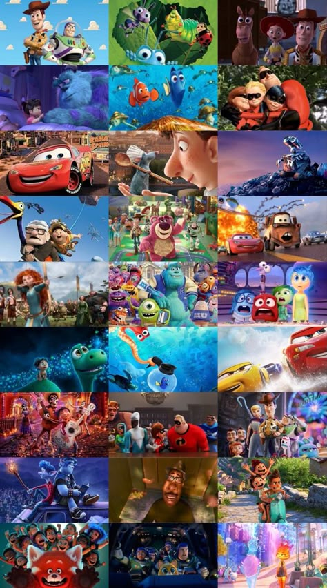 A collage with 9 rows and 3 columns displaying images from each of the first 27 Pixar films. In order, the films pictured are Toy Story; A Bug’s Life; Toy Story 2; Monsters, Inc.; Finding Nemo; The Incredibles; Cars; Ratatouille; WALL-E; Up; Toy Story 3; Cars 2; Brave; Monsters University; Inside Out; The Good Dinosaur; Finding Dory; Cars 3; Coco; Incredibles 2; Toy Story 4; Onward; Soul; Luca; Turning Red; Lightyear; and Elemental. Pixar Movie Characters, Finding Nemo Scenes, Disney Pixar Aesthetic, All Pixar Movies, Pixar Movies Characters, Zootopia Movie, New Pixar Movies, Moana 2, Disney Movie Art