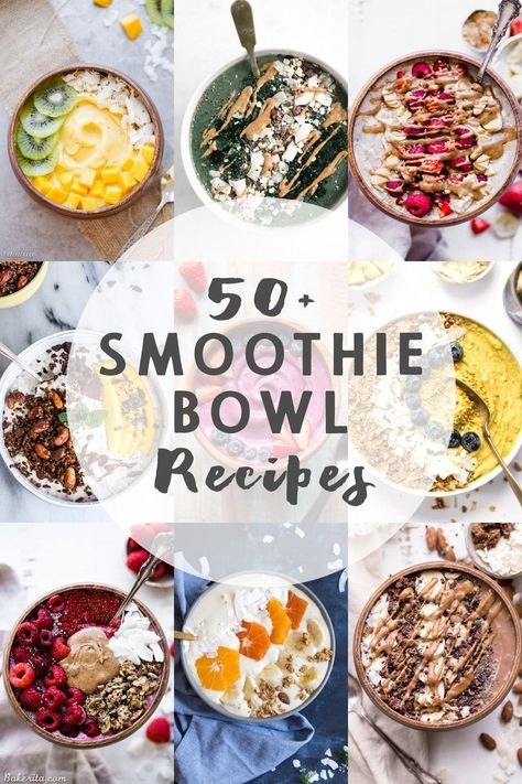 This Recipe Roundup brings together 50+ of my favorite Smoothie Bowl Recipes! These smoothie bowls and acai bowls are the perfect breakfast, snack, or dessert on a warm day. #breakfastsmoothie Breakfast Bowls Smoothie, Dairy Free Smoothie Bowl, Smoothie Bowl Ideas Breakfast Recipes, Smooth Bowl Recipe, Toppings For Smoothie Bowls, Smoothly Bowl Recipes, Smoothie Bowl Flavors, Smoothie Bowl Meal Prep, Plant Based Smoothie Bowls