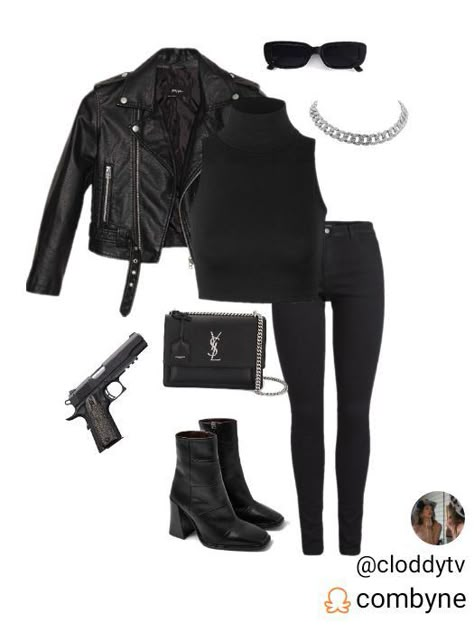 Women Spy Outfit, Outfits For Detectives, Black Mafia Outfits Women, All Black Spy Outfit, Hitman Outfit Female, Fbi Clothes Women, Gangster Women Outfit, Mafia Boss Costume Female, Mafia Inspired Outfits Woman