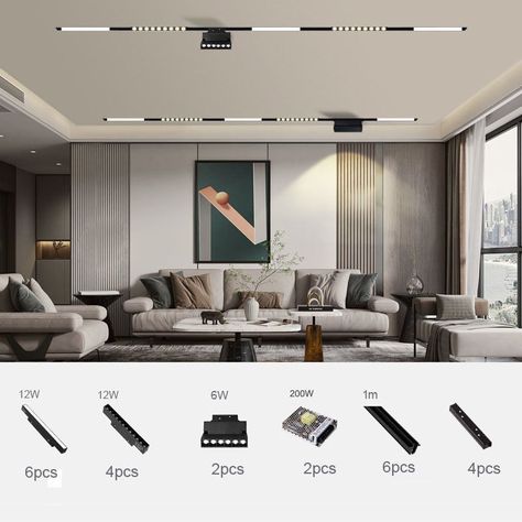 False Ceiling Track Light, Led Magnetic Track Light, Led Linear Lighting Ceilings, Recessed Linear Lighting Ceiling, Track Light In Living Room, Track Lights Ceiling, Spotlight In Living Room, Flat False Ceiling Design, Magnetic Lights Ceiling Living Room