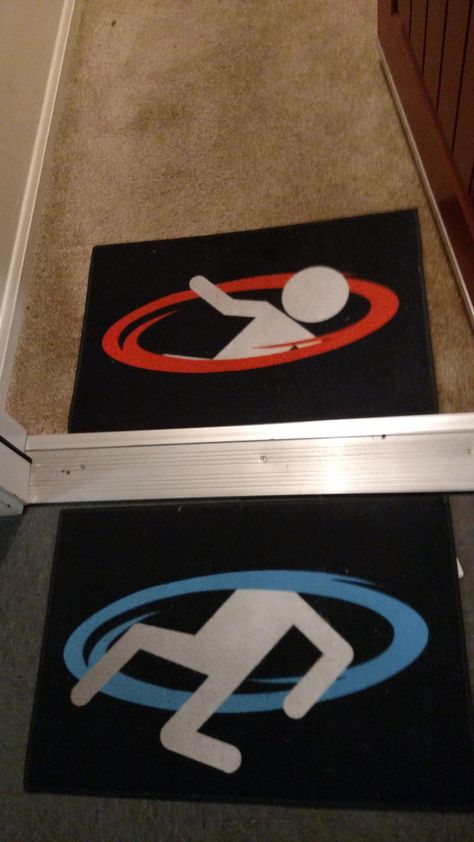 Portal door mats                                                                                                                                                                                 More Geek Home Decor, Nerd Decor, Geek Room, Video Game Rooms, Geek Decor, Gamer Room, Video Game Room, Gaming Decor, Game Room Design