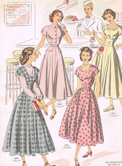 I am beyond smitten with this fantastic soda shop illustration featuring a selection of spring fashions from 1949. #soda #shop #teenagers #spring #vintage #1940s #fashion #clothing #dress Macan Kumbang, 40s Mode, Vintage Fashion Sketches, Vintage Clothes Patterns, Spring Fashions, Mode Retro, Vintage Dress Patterns, 1950s Style, 40s Fashion