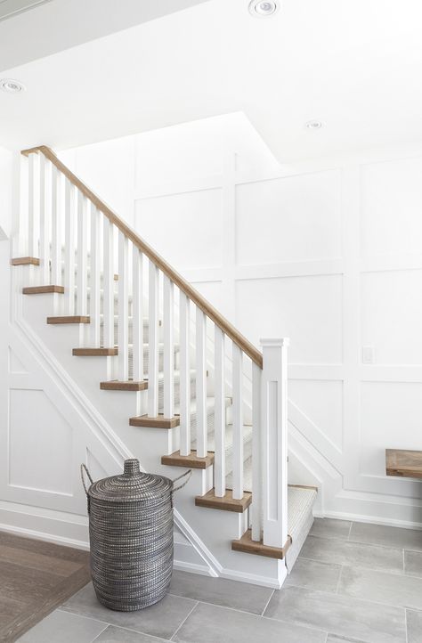 Striped Stair Runner, Toronto Home, White Staircase, Staircase Runner, Staircase Handrail, Oak Stairs, Staircase Remodel, Board And Batten Wall, Wood Staircase