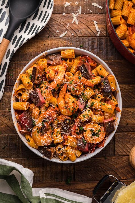 Surf And Turf Pasta Recipes, Steak And Shrimp Pasta Recipes, Steak And Shrimp Pasta, Surf And Turf Pasta, Bistro Shrimp Pasta, Steak And Shrimp Recipes, Steak Pasta Recipes, Steak And Pasta, Peppercorn Steak