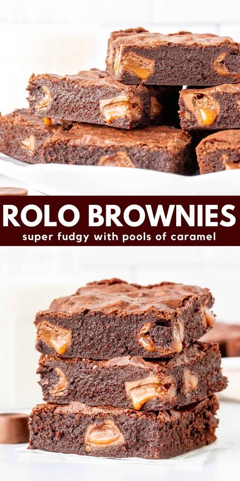 These delicious Rolo brownies are super fudgy with with pools of caramel thanks to the Rolo candies. They're so easy to make and perfect if you're looking for a way to switch up your brownies #brownies #rolo #caramelbrownies #recipe #chocolate from Just So Tasty https://www.justsotasty.com/rolo-brownies/ Rolo Desserts, Rolo Bars, Rolo Dessert, Rolo Brownies, Biscoff Cupcakes, Rolo Chocolate, Gooey Brownies, Types Of Desserts, Caramel Brownies