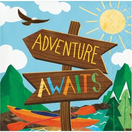 Celebrate the thrill of adventure with our Outdoor Adventure Awaits Cocktail Napkins. These cocktail napkins measure 5" x 5", and they're made from soft and absorbent tissue. They feature trail signs with "Adventure Awaits" text and a rugged outdoor camping scene. Sold 48 napkins per package, grab our Outdoor Adventure Awaits Cocktail Napkins and complete your celebration with our matching Outdoor Adventure party supplies. Color: Multicolor. Adventure Party Theme, Adventure Birthday Party, Camping Scene, Adventure Party, Trail Signs, Kids Themed Birthday Parties, Adventure Theme, Birthday Napkins, Kids Birthday Themes