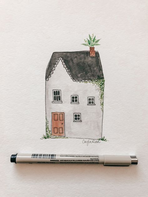 Simple House Watercolor, Watercolour Houses Simple, Watercolor Architecture Simple, Watercolor House Painting Simple, Whimsical Buildings, Building Portrait, Water Paints, House Doodle, Watercolor House Painting