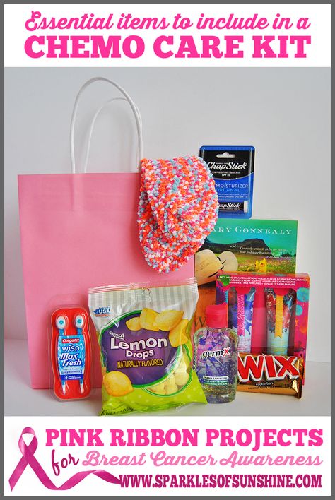 Pink Ribbon Projects ~ Essential Items To Include In a Chemo Care Kit - Sparkles of Sunshine Chemo Care Basket, Chemo Survival Kit, Chemo Care Kit, Chemo Care Package, Kat Diy, Chemo Care, Ribbon Projects, Chemo Gifts, Blessing Bags