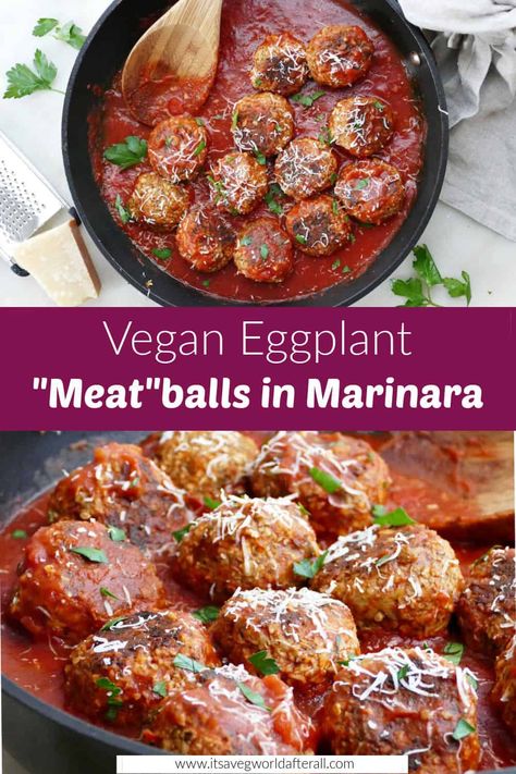 Gobble up these vegan eggplant meatballs, and you won't even miss the meat! They're gluten-free and made with ground oats instead of breadcrumbs. Serve with spaghetti, veggie noodles, or stuffed into meatball sub rolls. Baked Eggplant Slices, Eggplant Meatballs, Vegan Eggplant, Sub Rolls, Meatball Sub, No Meat, Veggie Noodles, Eggplant Recipes, Vegan Dinner Recipes