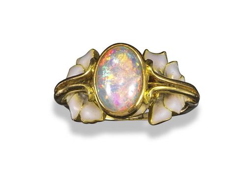 Lot 219 - An Art Nouveau opal and enamel ring by René Lalique, c1900, the solid white opal cabochon set within Rene Lalique, Floral Ring, Art Nouveau Jewelry, Enamel Ring, Fine Jewels, Contemporary Jewelry, Jewelry Inspo, White Opal, White Enamel