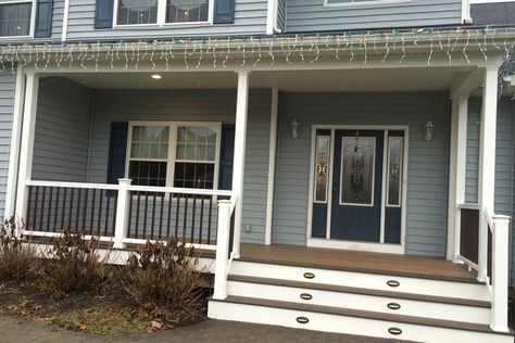 Deck in Babylon, NY | Decks.com Trex Front Porch, Picture Frame Rail, Trex Decking, Deck Pictures, Dream Deck, Deck Installation, Front Porch Design, Home Exterior Makeover, Deck Stairs