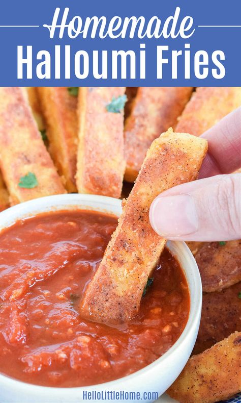 Craving Halloumi? Then you’re going to LOVE this Homemade Halloumi Fries recipe! Learn how to make the BEST Halloumi Fries using basic ingredients. These Crispy Halloumi Cheese Sticks are super quick and easy to make and so delicious. Pair these Mediterranean inspired fried Halloumi Chips with your favorite dip, like Marinara Sauce, Sweet Chili, and more. Simple Vegetarian Battered Halloumi Recipe that makes an irresistible Snack or Appetizer / Starter! | Hello Little Home Easy Halloumi Recipes, Halloumi Fries Recipe, Haloumi Fries Recipe, Halloumi Recipes, Airfryer Halloumi, Halloumi Chips, Hot Honey Halloumi, Homemade Cheese Sticks, Cooking Halloumi