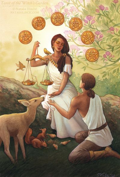 Natasa Ilincic, Six Of Pentacles, Tarot Images, Tarot Cards Art Illustration, Five Of Wands, Pentacles Tarot, Angel Tarot Cards, Angel Tarot, Angel Oracle Cards