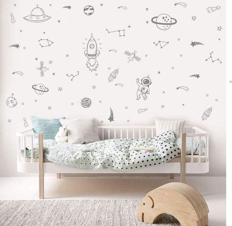 PRICES MAY VARY. 1. This set outer space wall sticker, have 50pcs different item , each size is different from2-25cm ,Picture may not reflect true size. It is Digital example for showing purpose. It may be bigger then actural size just helps you to watch all details.To make the decal fit you space 100% you should measure your space 2. This is DIY wall sticker , you will get 4 sheet pieces , when you get pls cut each accessories and decoration your wall 3.Our wall decor srticker is Non-toxic, env Boys Space Bedroom, Outer Space Room, Outer Space Bedroom, Boys Room Art, Space Wall Decals, Outer Space Nursery, Boy Nursery Themes, Space Themed Room, Simple Nursery