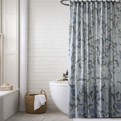 Batik Floral Shower Curtain | West Elm Extra Long Shower Curtain, Blue Shower Curtains, Floral Shower Curtain, Furniture Sofas, Grey Curtains, Arctic Blue, Floral Shower Curtains, Sophomore Year, Girls Bathroom