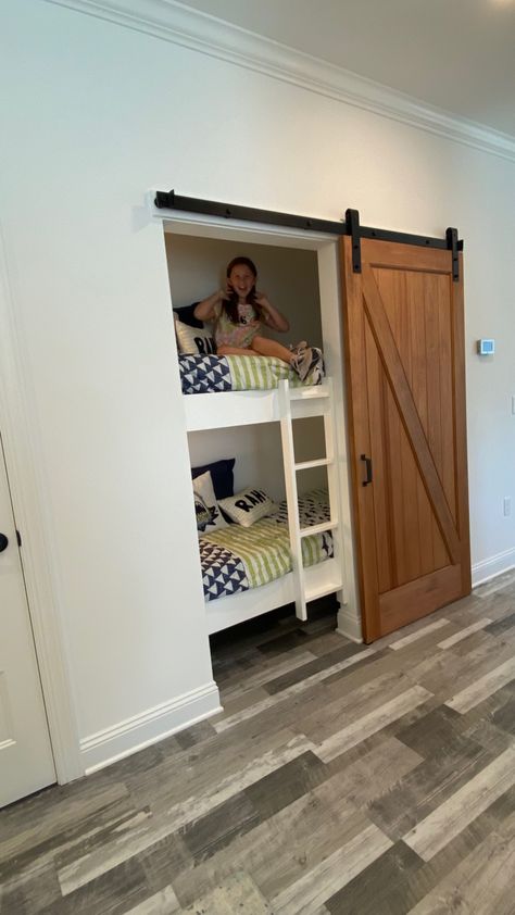 Bunk Beds Behind Barn Doors, Closet Bunk Beds, Bunk Cabin, Bunkhouse Cabin, Bed Cubby, Tiny House Room, Murphy Bunk Beds, Modern Bunk, Bunk Bed Rooms